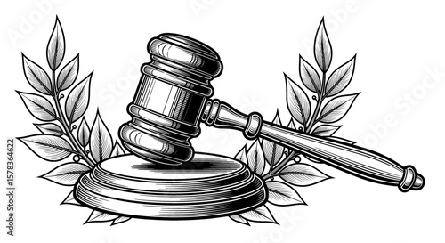 Engraved gavel rests atop its stand with decorative laurel leaves. Law, justice, legal system, court, judgment, decision, symbol of authority and due process.