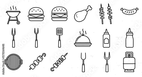 Barbecue icons show food and grilling tools. Summer cooking, outdoor picnic, party equipment, grilling tools