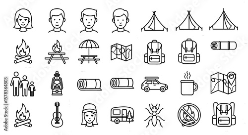 Camping icons showing various outdoor activities and tools. Adventure symbols, nature tourism, wilderness exploration, recreation gear