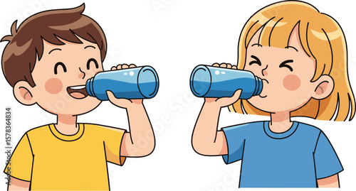 Happy children drinking fresh water from bottles, healthy hydration habit, cute boy and girl, cartoon style illustration, isolated background