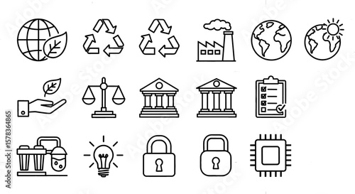 Set of eco and technology line icons. Environmental protection, renewable energy, recycle, factory, pollution, development, law, security, data, and innovation.