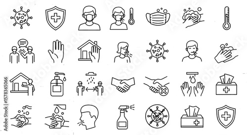 Icons illustrate preventive measures against viruses and diseases. Health safety, hygiene, precaution, awareness, protection, germs, infection control