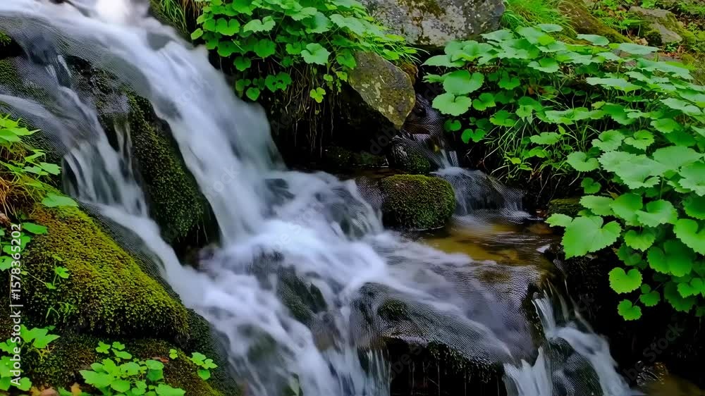 Cascading water over mossy rocks, surrounded by lush greenery Cascading water over mossy rocks, surrounded by lush greenery