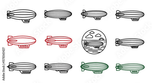 Airship icons show vintage transport. Air vehicle, aviation concept, zeppelin, line art, logo design, travel