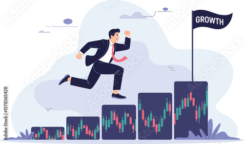 Businessman running up steps representing financial growth towards a flag labeled growth ai generated vector design
