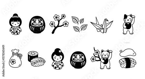 Set of Japanese good luck charms and iconic items in black and white. Symbolic illustrations, traditional design, oriental culture, asian art, kawaii elements.