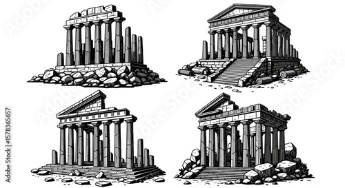 Ancient Greek ruins and architecture art. Historical landmark, archaeological site, vintage design, monochrome drawing.