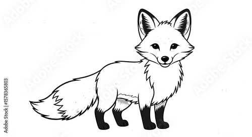 Cartoon fox stands in a white fur with black legs. Animal illustration, wildlife, nature, mammal, cute, woodland creature, zoology
