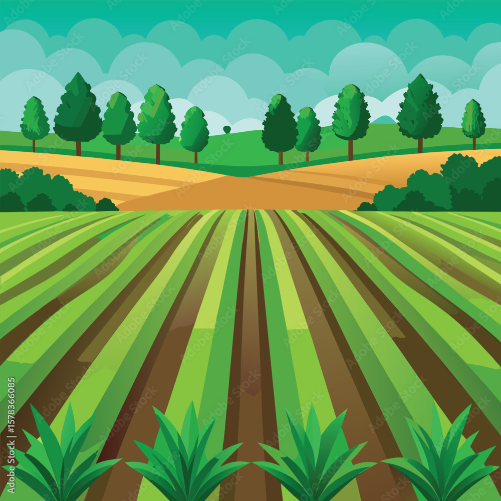 Obraz premium Seamless Green Field Planting Agriculture Lines Background