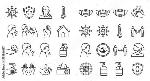 Conceptual line art depicting protection measures against viral spread, showcasing prevention protocols and health safety guidelines, emphasizing hygiene and social distancing