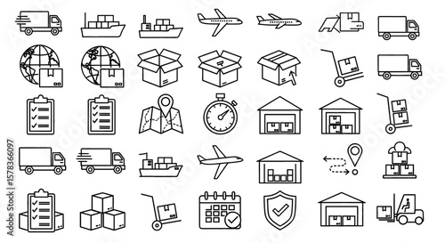 Logistics icons showcasing global delivery networks, emphasizing efficient supply chain solutions and international shipping coordination