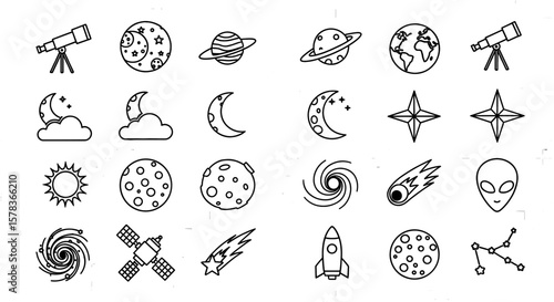 Illustrative cosmos showcasing astronomy icons, featuring planets, stars, and galaxies representing space exploration and scientific discovery