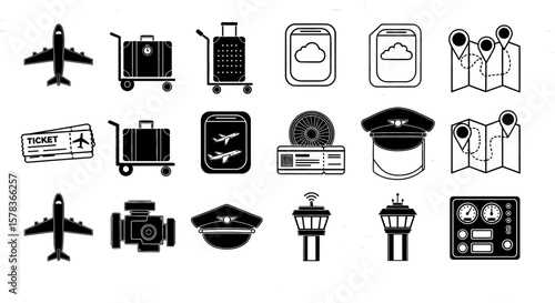 Airport elements showcasing aviation industry operations and equipment, symbolizing air travel, navigation and modern transportation systems