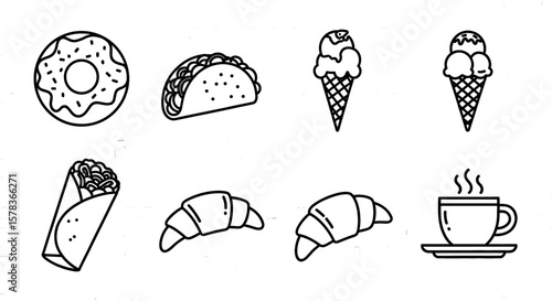 Cafe snacks showcasing classic pastry, donut, taco, and coffee, depicting delectable treats for a break, emphasizing simple indulgence and enjoyment