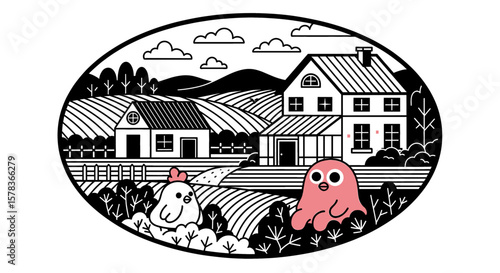 Lush countryside depicting whimsical farm houses and cute chicken characters, showcasing peaceful rural lifestyle and agricultural simplicity
