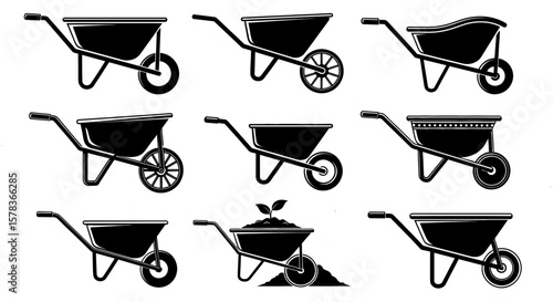 Collection showcasing various wheelbarrows, illustrating gardening tools and landscape equipment, representing construction and outdoor work