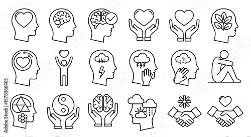 Conceptual mental health line icons showcasing emotional balance, inner peace and psychological wellness, representing positive mindset and self care