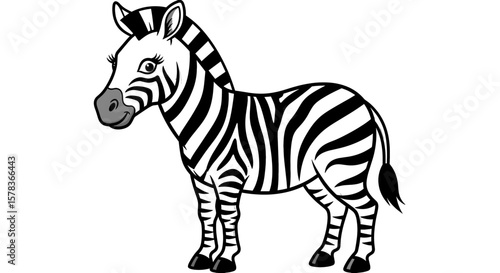 A whimsical cartoon zebra standing calmly, showcasing its iconic black and white stripes, symbolizing unique animal and wild nature beauty.
