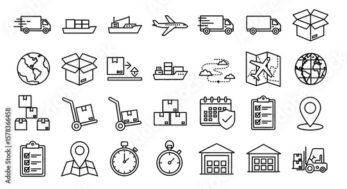 Logistics icon set depicting global supply chain management, showcasing distribution, transportation, and delivery, symbolizing efficient shipping solutions