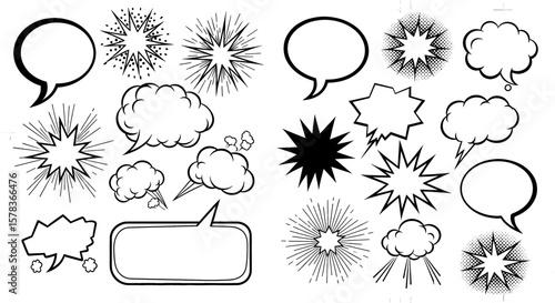 Comic book speech bubbles and burst effects, showcasing diverse conversation and action elements, symbolizing storytelling dynamism