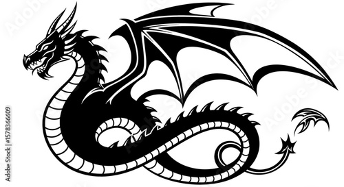 A powerful depiction showcasing a dragon with wings, symbolizing strength and fantasy, highlighting mythological creatures in traditional artwork