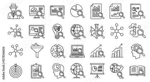 Data analysis icons showcasing research and investigation, symbolizing information discovery and analytical processes, emphasizing global insights and strategies
