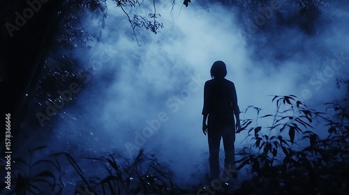 Mysterious person silhouette foggy forest night