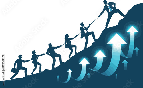 Business team climbing mountain together with upward arrows symbolizing growth and success ai generated vector design