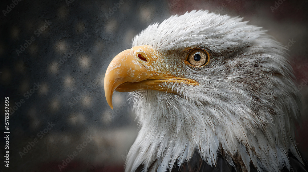 Naklejka premium Majestic Bald Eagle with Vibrant Blue and Red Lighting on Black Background