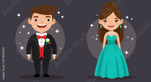 Cartoon Couple Dressed Up for Prom Night Formal Attire Smiling Faces.