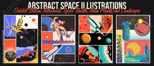 Abstract Space Illustrations. Astronauts, Spacecraft, Rocket, Orbital Station, Planets and Extraterrestrial Landscape. Abstract Dimensions, Geometric Shapes, 1980s Colors