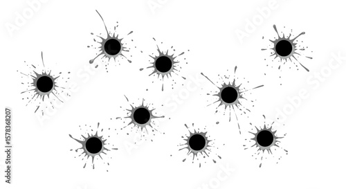 Vector Illustration of Bullet Holes with Splatter Effect on White.