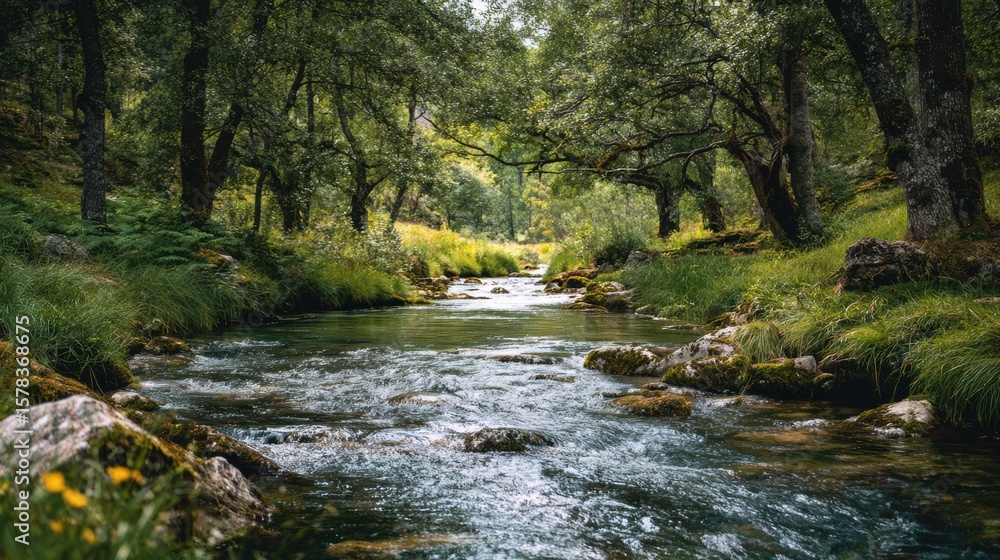 A tranquil river flows through a lush green forest, surrounded by trees and gentle rocks, perfectly capturing nature's beauty. A tranquil river flows through a lush green forest, surrounded by trees and gentle rocks, perfectly capturing nature's beauty.