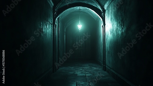 Mysterious teal green hallway