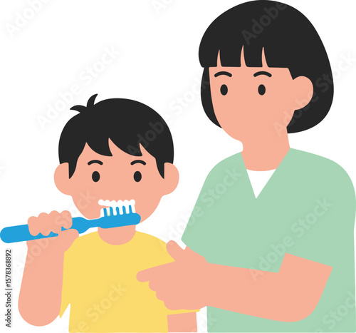 Illustration of a mother teaching her child to brush their teeth