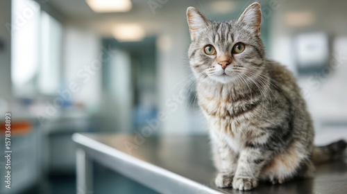 Wallpaper Mural Calm Cat Sitting on Examination Table in Well-Lit Veterinary Room During a Routine Check-Up Torontodigital.ca