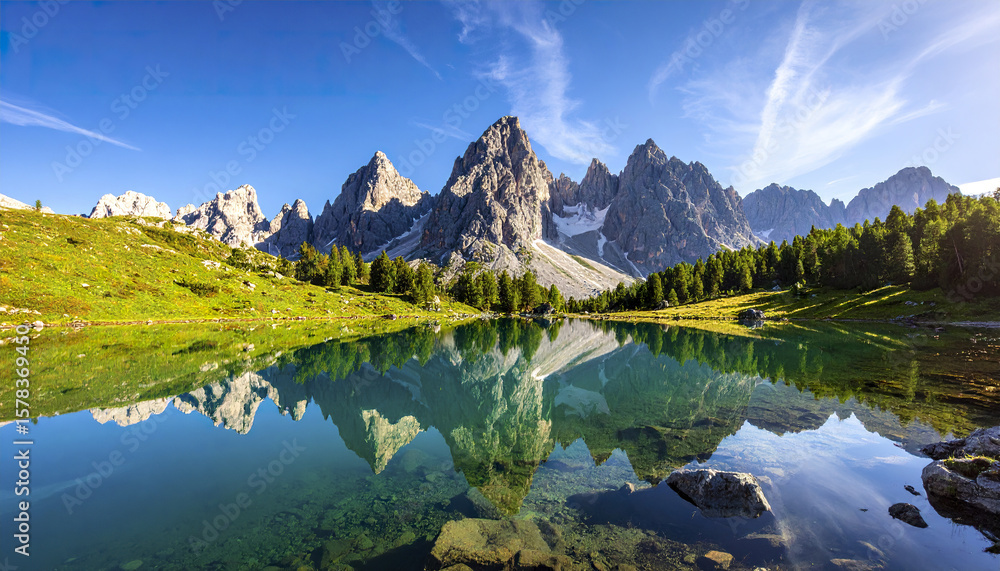 Obraz premium Mountain reflection lake water green grass blue sky pine tree rocky peak clear water sunny day