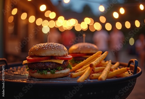 Grand Barbecue with burgers during string lights