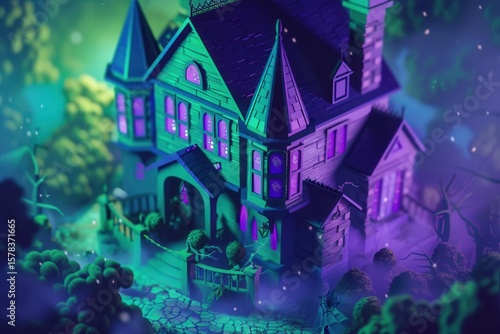 Wallpaper Mural isometric D Halloween haunted house purple and green on door . Torontodigital.ca