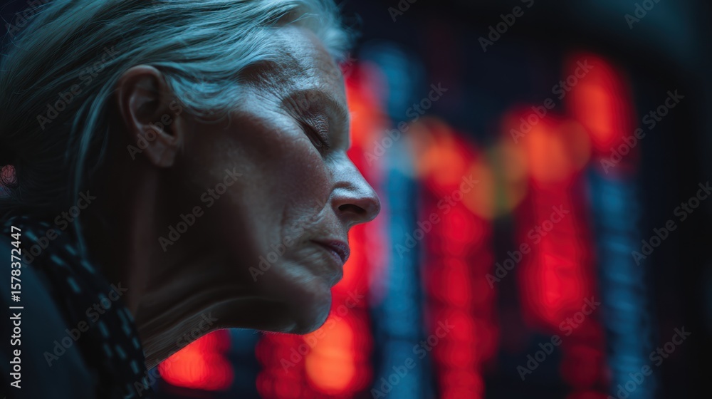 Fototapeta premium Focused businesswoman analyzing market trends amidst vibrant stock market displays.