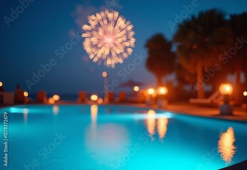 Summery Beach bonfire with swimming pool during fireworks illumination