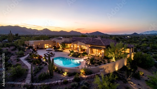Luxury Desert Home with Pool at Sunset.