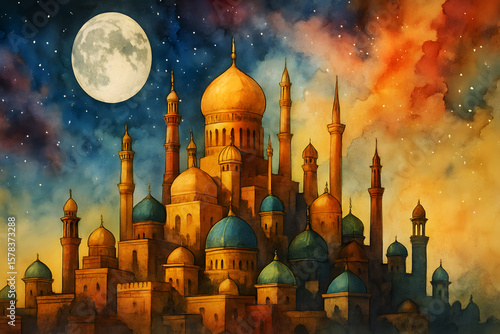 Golden domes and minarets under moonlit sky islamic architecture