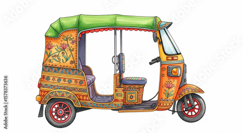 Vibrant Decorated Auto Rickshaw Illustration on White Background