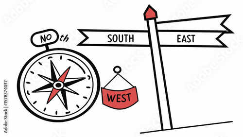 Compass and signpost illustration showing north south east and west directions for navigation needs