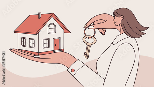 Real estate agent handing over house keys for new home purchase and ownership opportunity concept illustration
