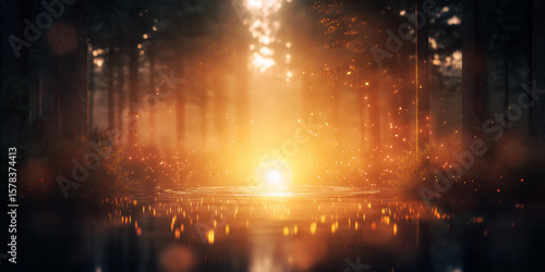 Forest clearing with glowing orb and particles of light during daytime