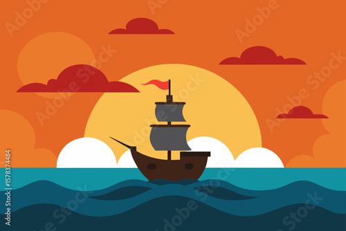 ocean with pirate ship at sunset time scene in car