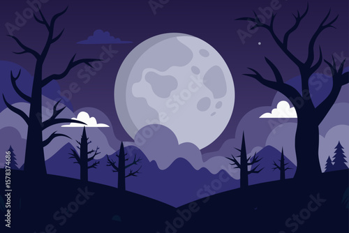 spooky forest background with full moon stock illustration