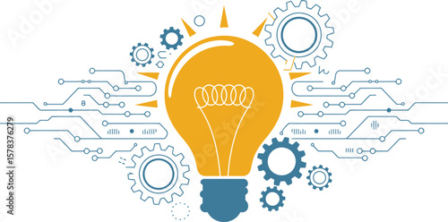 Innovative idea concept with glowing lightbulb and interconnected gears and circuits ai generated vector design